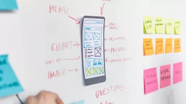 Whiteboard with UI/UX design sketches and color-coded sticky notes.