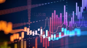 Colorful financial graph showing fluctuating market data.