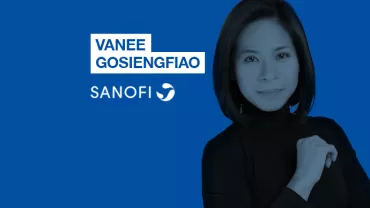 Portrait of a woman against a blue background with the name Vanee Gosiengfiao and Sanofi logo.