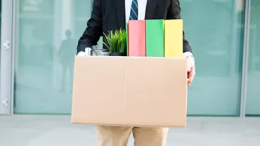 Person holding a cardboard box with colorful binders and a potted plant.