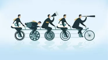 Illustration of five men on a multi-person bicycle, each performing different tasks.