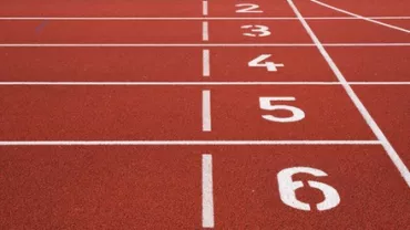 Red running track with white numbered lanes 1 to 6