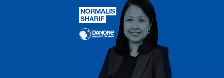 Portrait of a smiling woman with the text 'Normalis Sharif' and 'Danone, One Planet, One Health'.