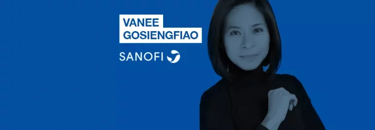 Portrait of a woman against a blue background with the name Vanee Gosiengfiao and Sanofi logo.